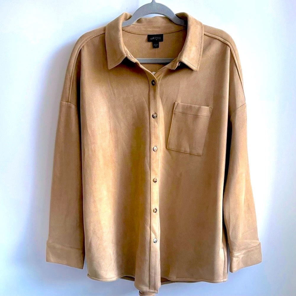 J Jill Wearever Collection Faux Suede Stretch Shirt Shacket Jacket Wheat Size XL